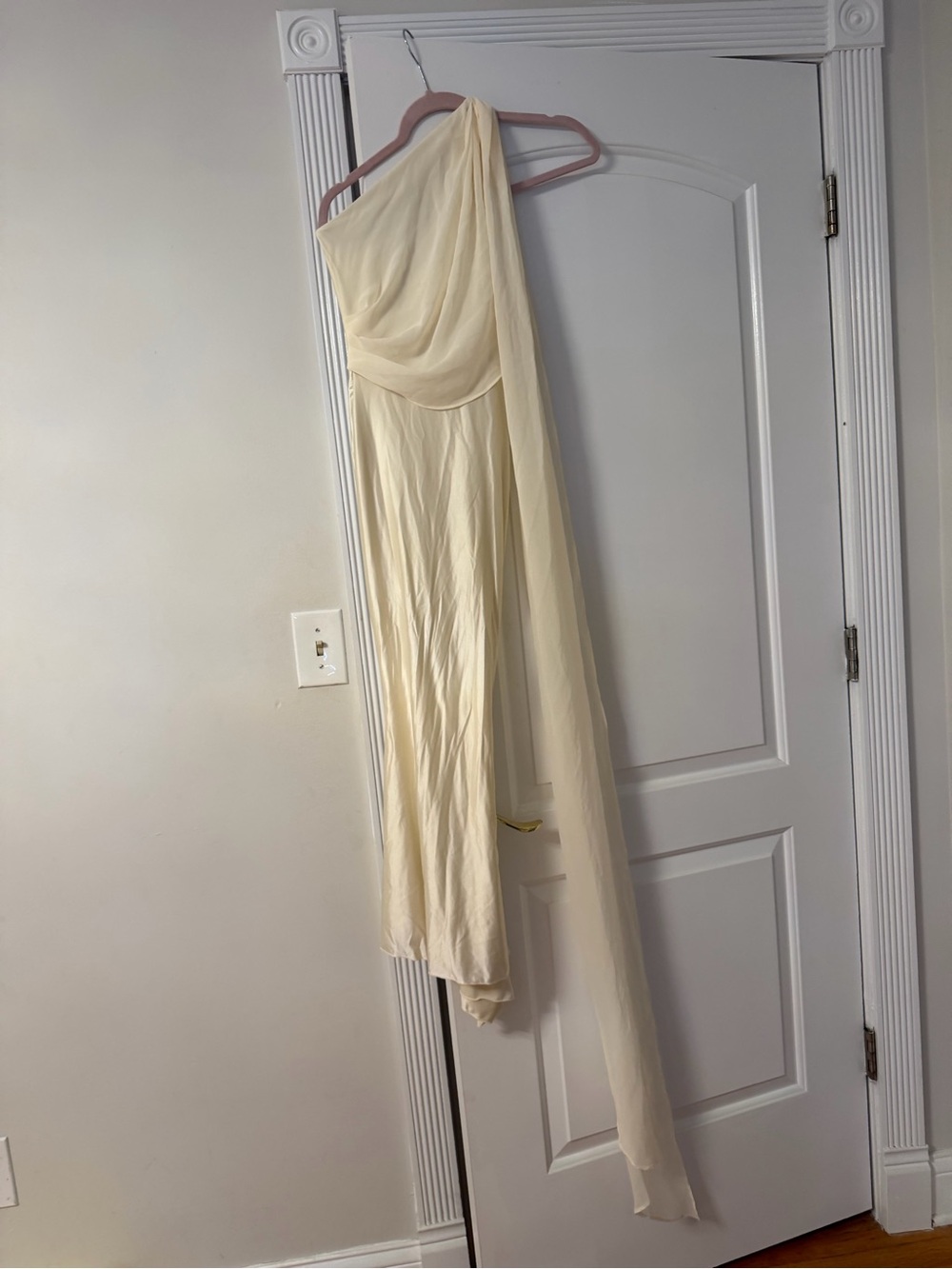 Oh Polly Cream One-Shoulder Draped Gown